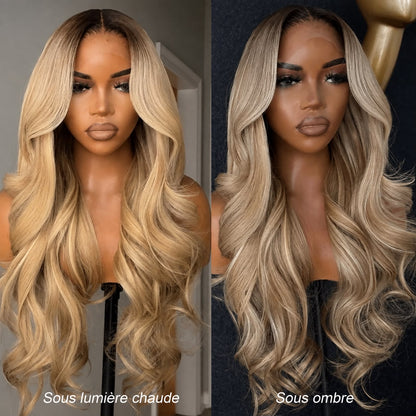 Perruque Balayage professionnelle Premium 10A en Cheveux Humains – Sans Colle – Blond Miel Doré