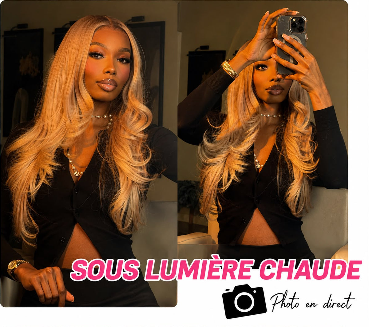 Perruque Balayage professionnelle Premium 10A en Cheveux Humains – Sans Colle – Blond Miel Doré