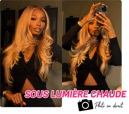 Perruque Balayage professionnelle Premium 10A en Cheveux Humains – Sans Colle – Blond Miel Doré