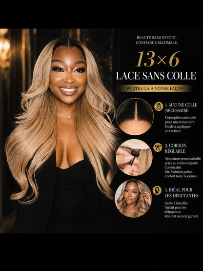 Perruque Balayage professionnelle Premium 10A en Cheveux Humains – Sans Colle – Blond Miel Doré
